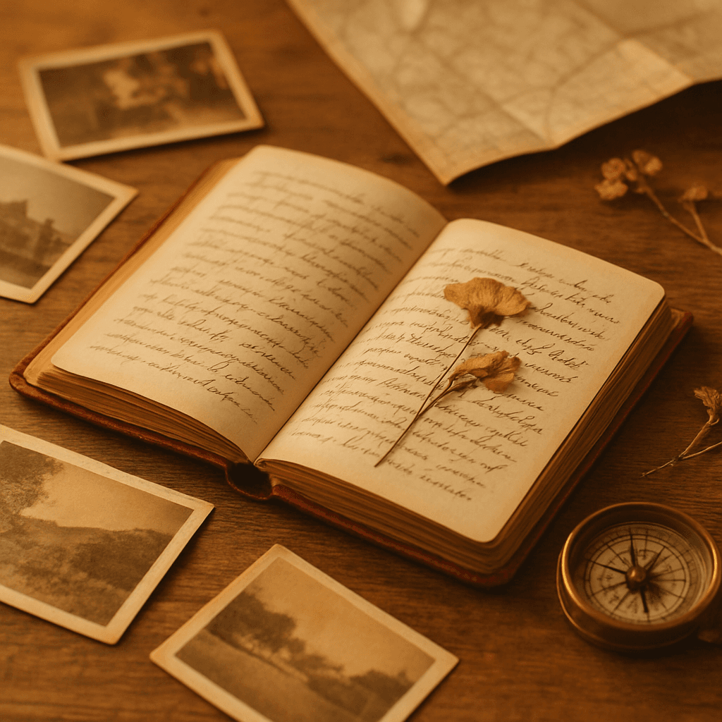 A vintage travel journal surrounded by photographs, a compass, and a map in warm light