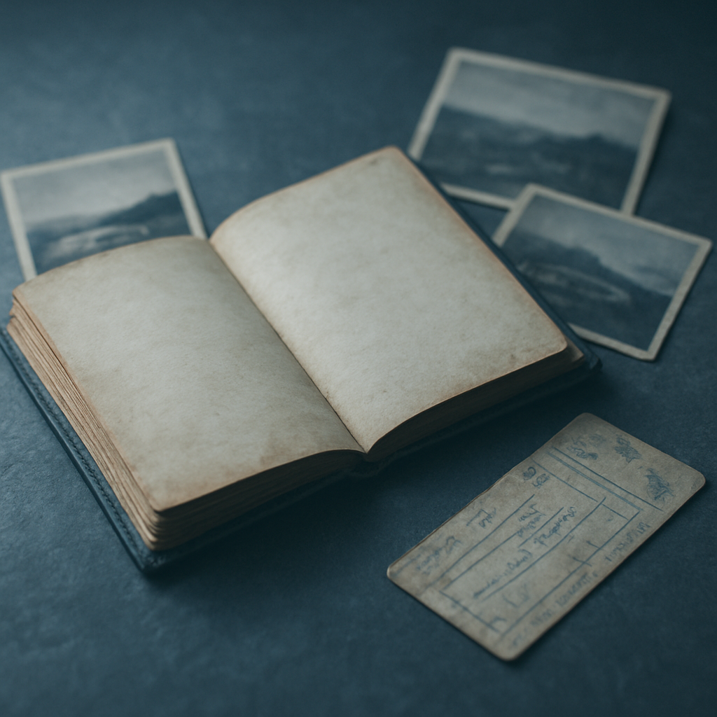 An open travel journal, faded photographs, and a worn ticket stub on a slate surface